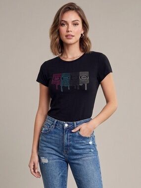 New Bebe rhinestone colorful logo crew neck black Short Sleeve size L